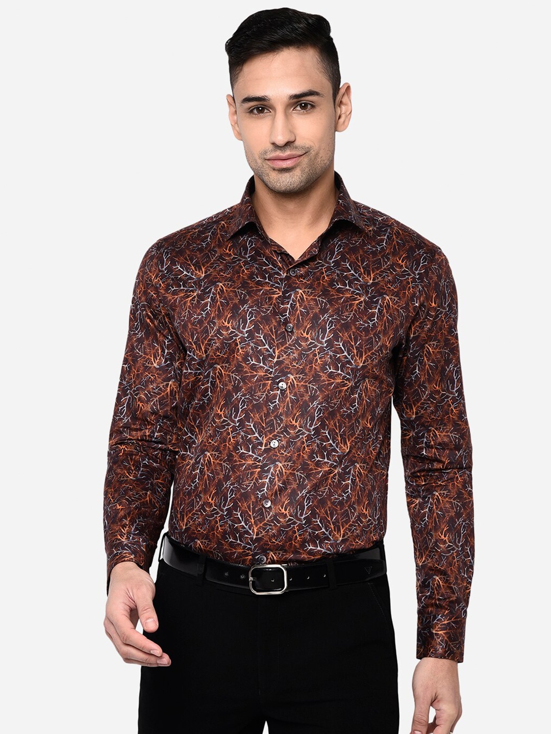 

WYRE Men Brown Slim Fit Printed Pure Cotton Formal Shirt
