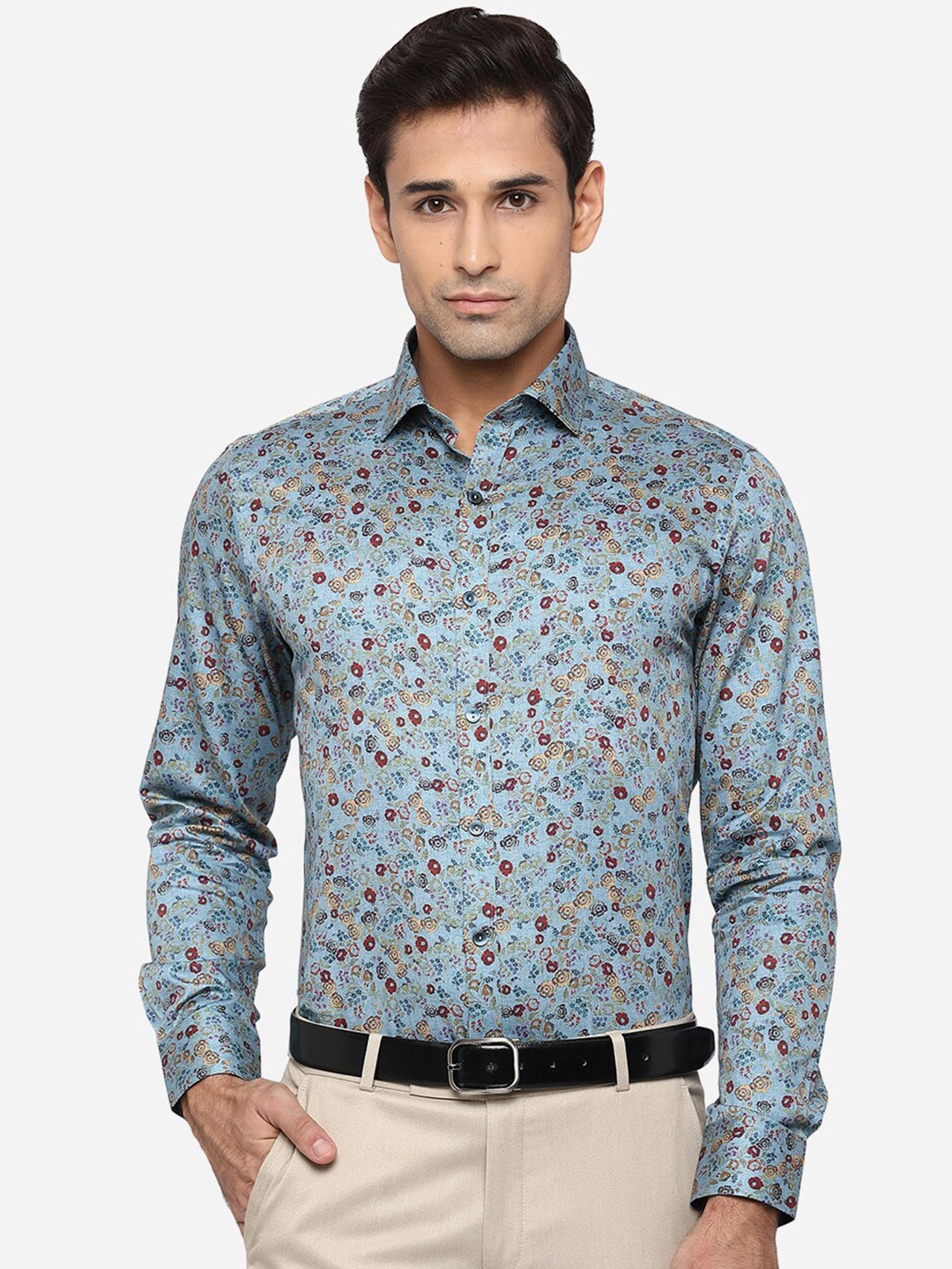 

WYRE Men Blue Slim Fit Floral Printed Pure Cotton Formal Shirt