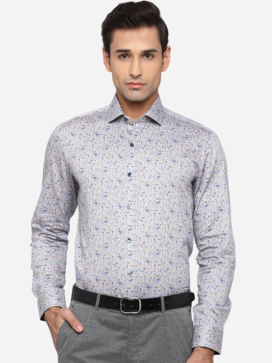 

WYRE Men Grey Slim Fit Printed Pure Cotton Formal Shirt