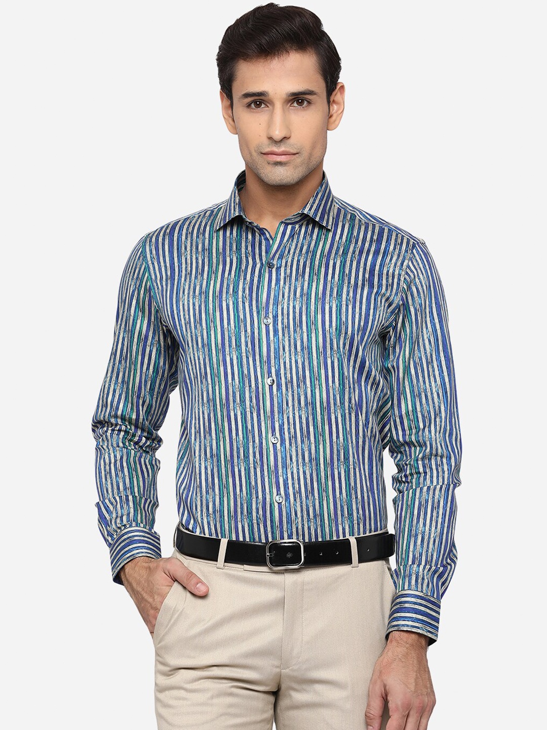 

WYRE Men Blue & Green Slim Fit Striped Pure Cotton Formal Shirt