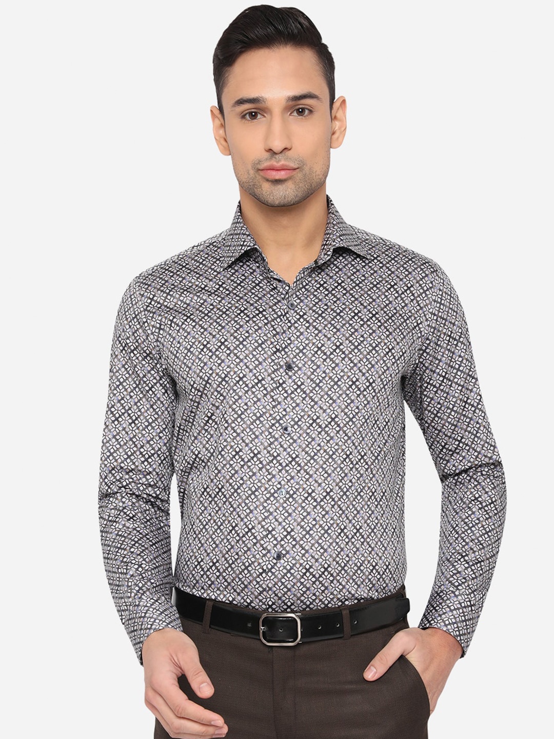 

WYRE Men Grey Slim Fit Printed Pure Cotton Formal Shirt