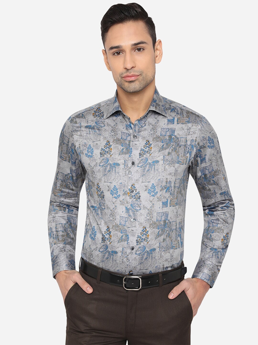 

WYRE Men Grey Slim Fit Printed Pure Cotton Formal Shirt