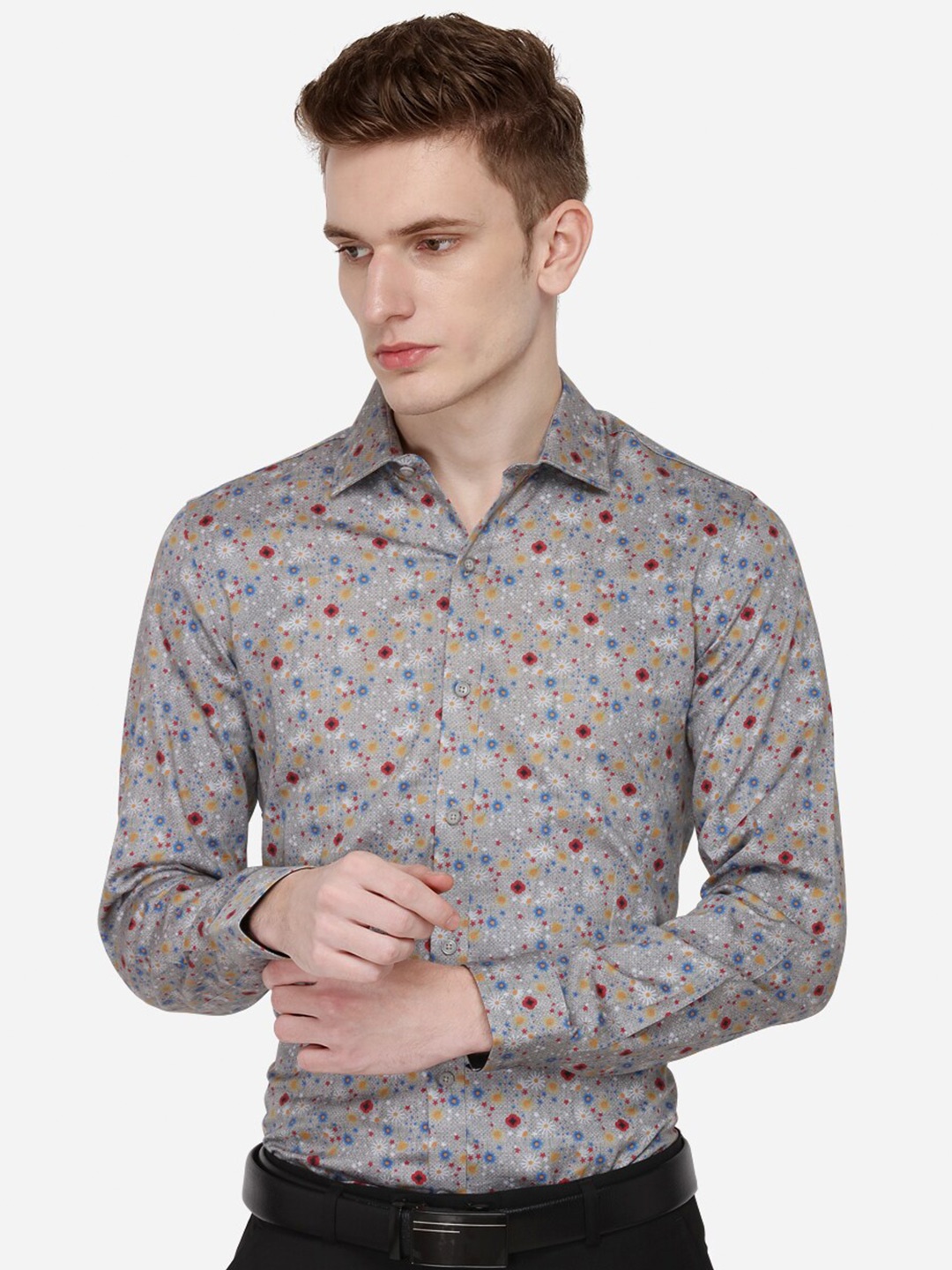 

WYRE Men Grey Floral Printed Pure Cotton Formal Shirt