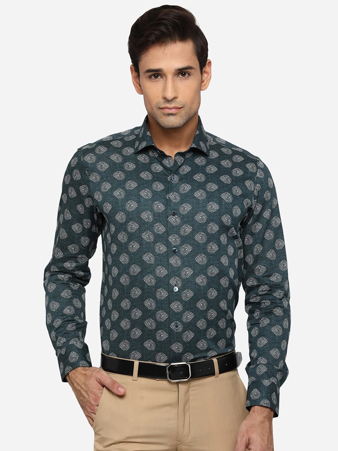 

WYRE Men Green Slim Fit Printed Pure Cotton Formal Shirt