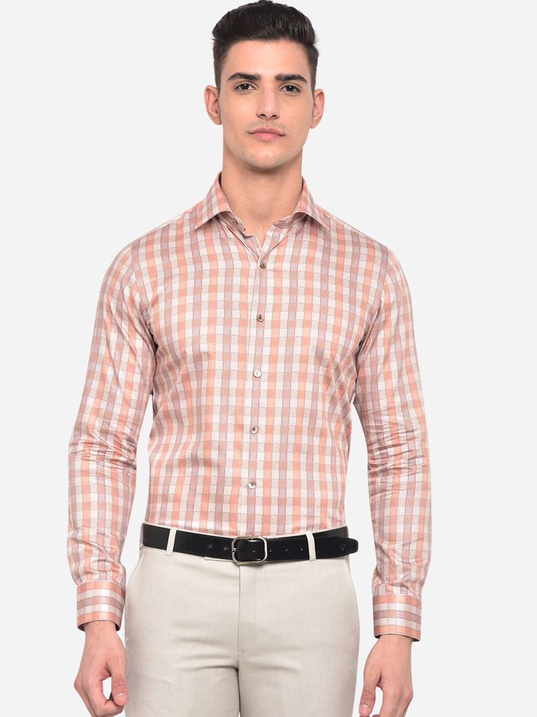

WYRE Men Peach-Coloured Slim Fit Gingham Checked Pure Cotton Formal Shirt