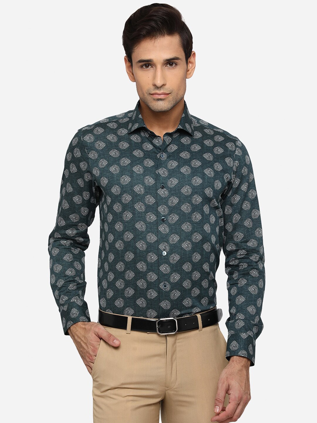 

WYRE Men Green Slim Fit Printed Pure Cotton Formal Shirt