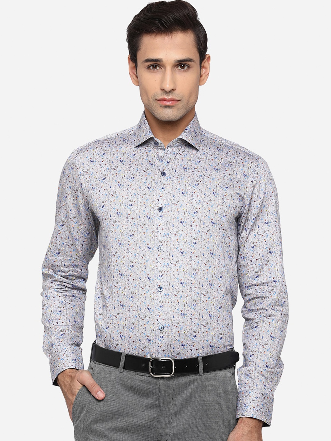 

WYRE Men Grey Slim Fit Printed Pure Cotton Formal Shirt