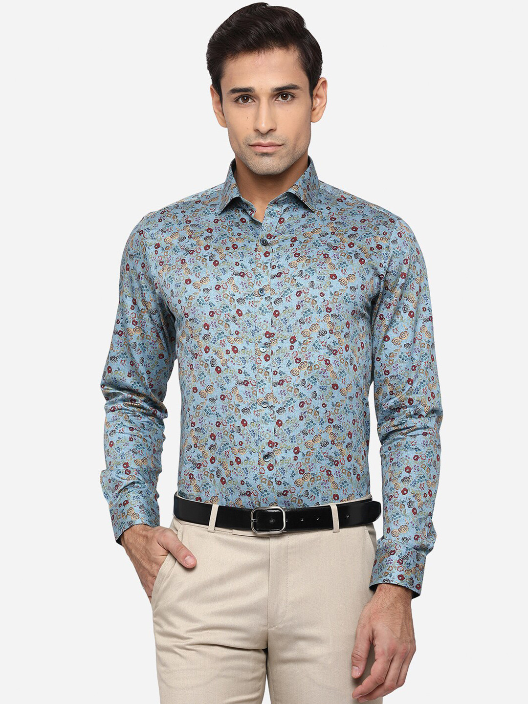 

WYRE Men Blue Slim Fit Floral Printed Pure Cotton Formal Shirt