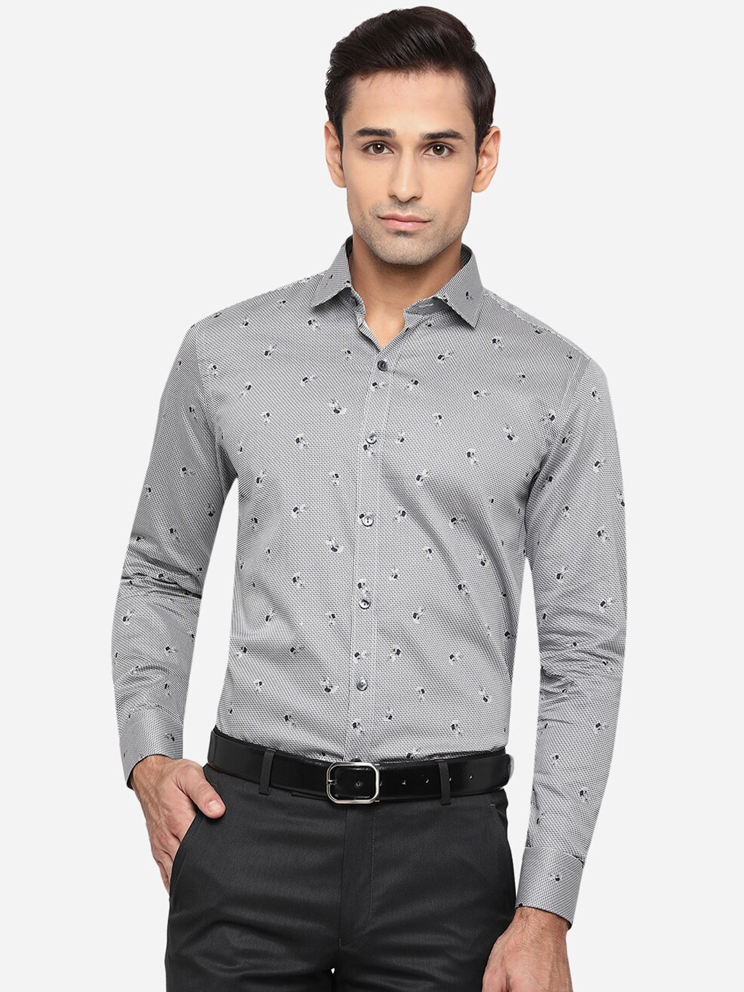 

WYRE Men Grey Slim Fit Floral Printed Pure Cotton Formal Shirt