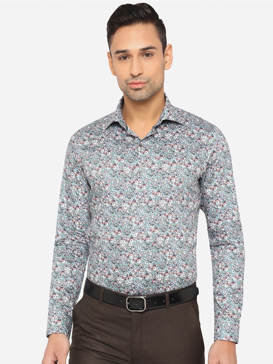 

WYRE Men Turquoise Blue Slim Fit Printed Pure Cotton Formal Shirt