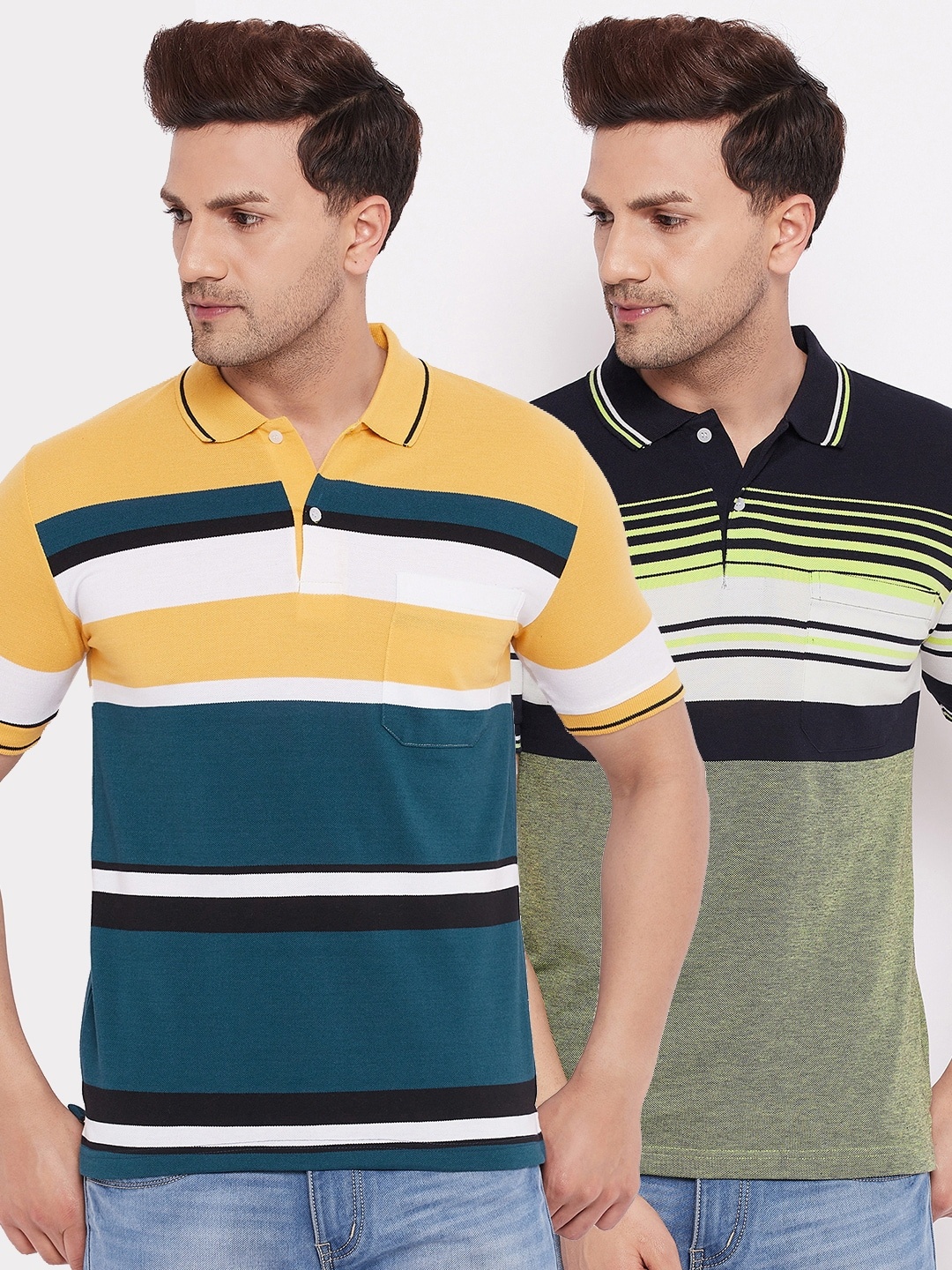 

FirstKrush Men Mustard Yellow & Green 2 Striped Polo Collar T-shirt