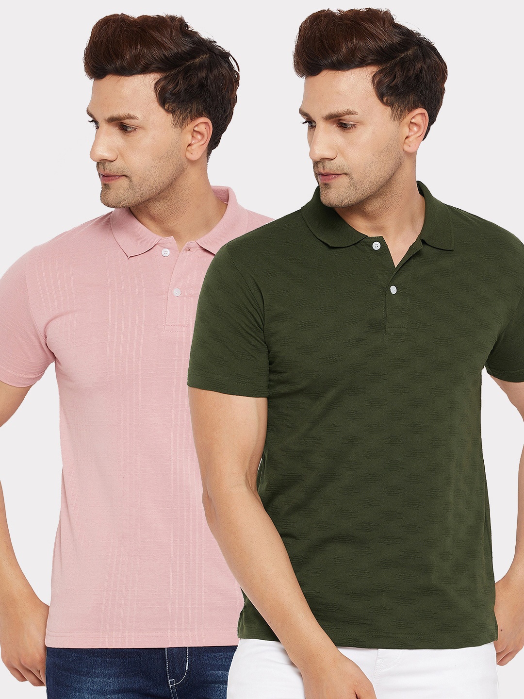 

FirstKrush Men Olive Green & Pink 2 Polo Collar T-shirt