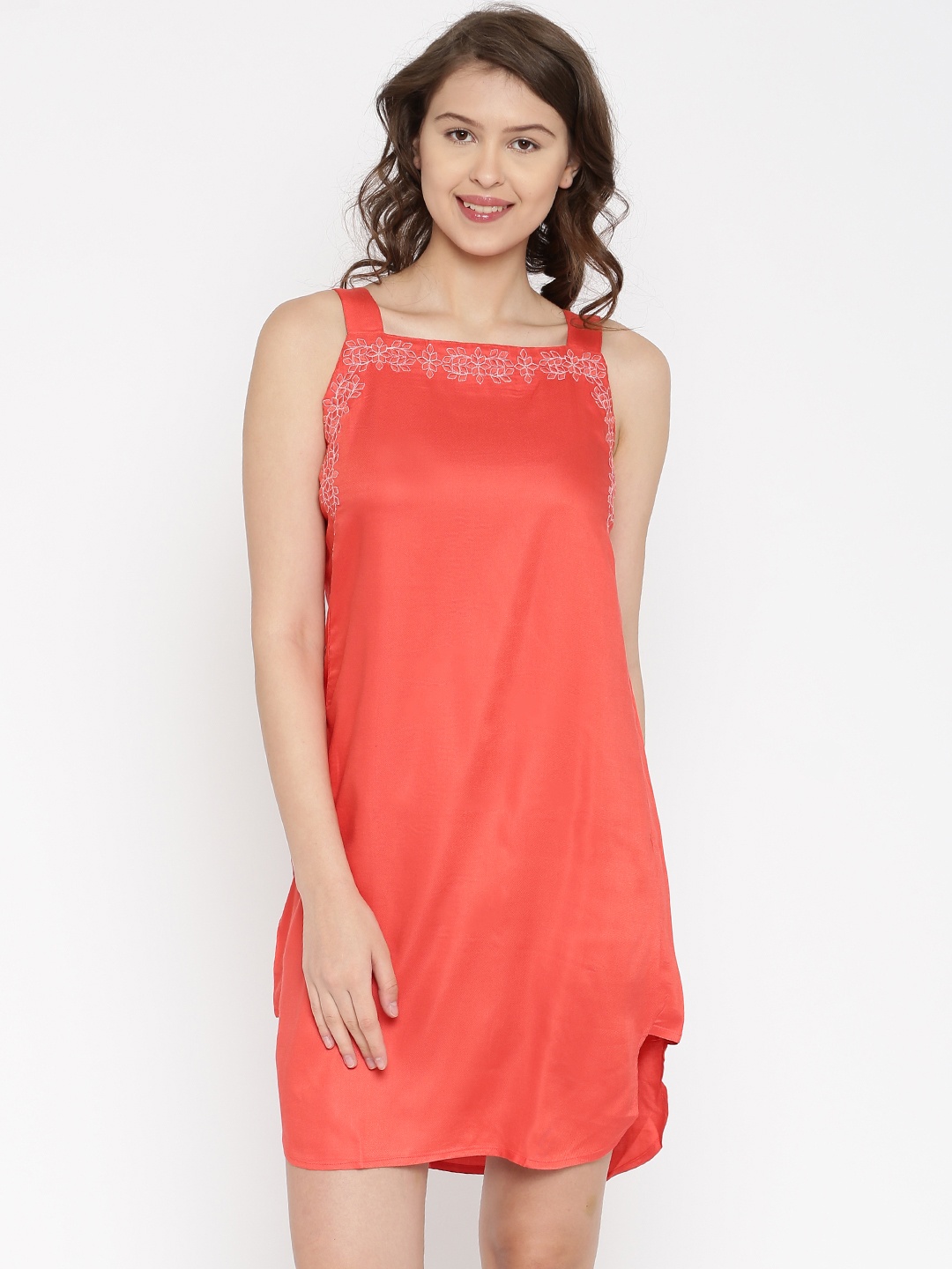 

AND Women Coral Red Solid Shift Dress