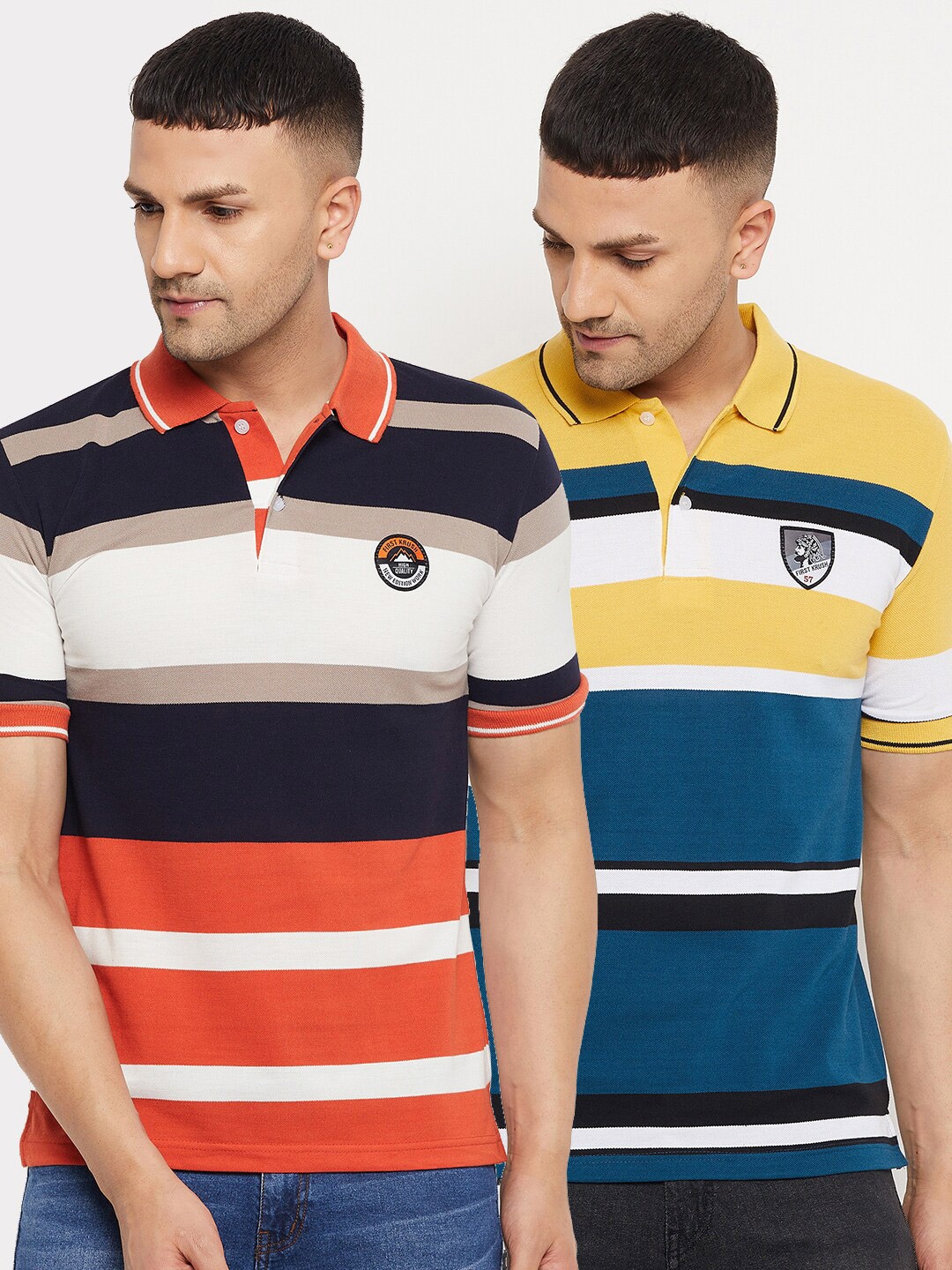 

FirstKrush Men Blue & Rust 2 Striped Polo Collar T-shirt