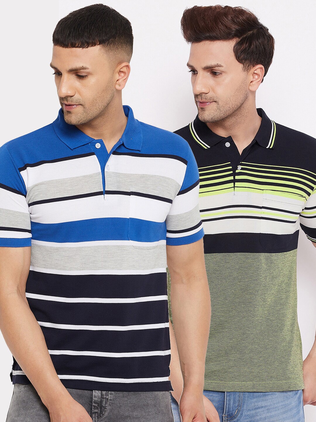

FirstKrush Men Blue & Green 2 Striped Polo Collar T-shirt