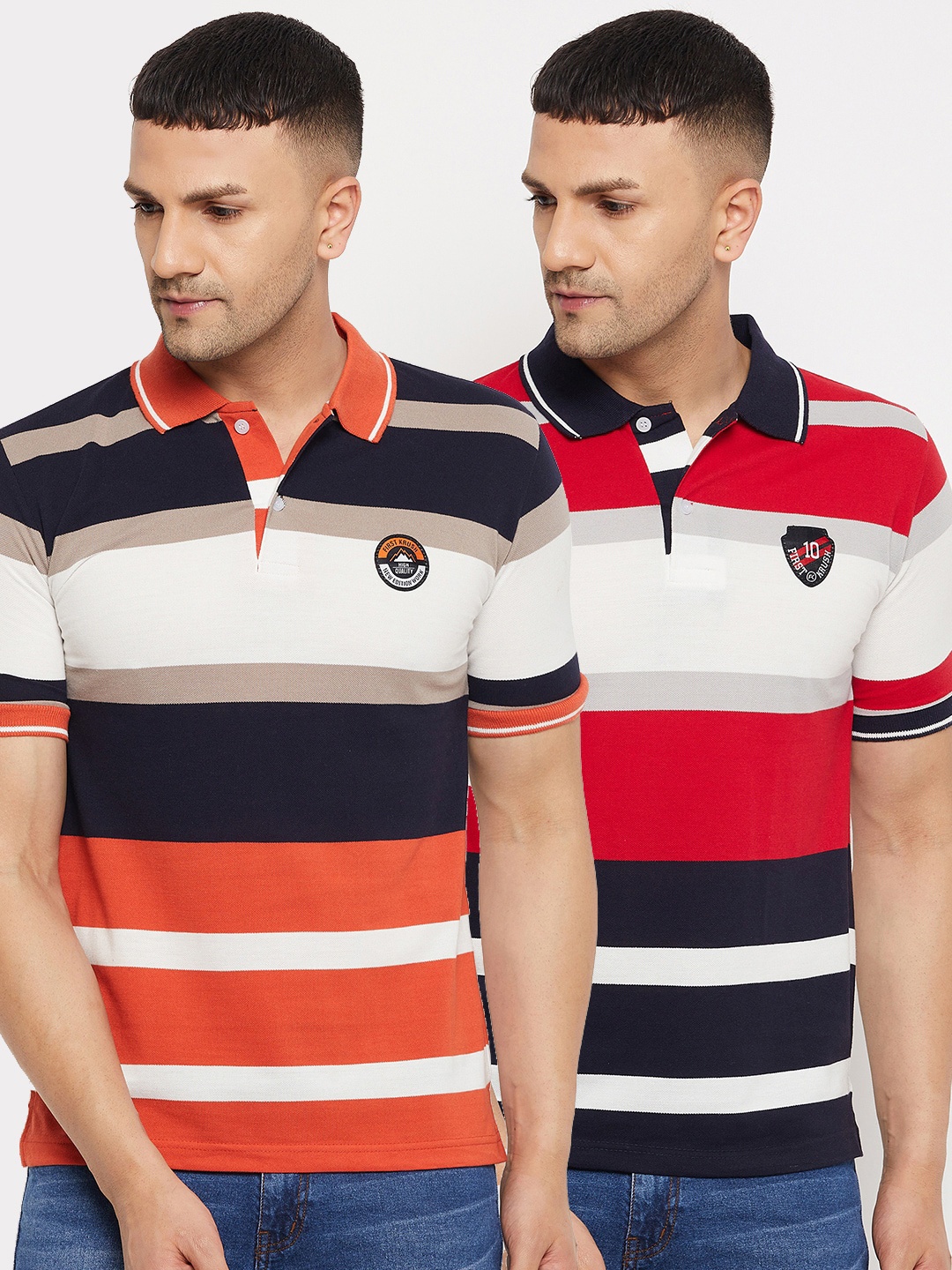 

FirstKrush Men Navy Blue & Orange 2 Striped Polo Collar Applique T-shirt
