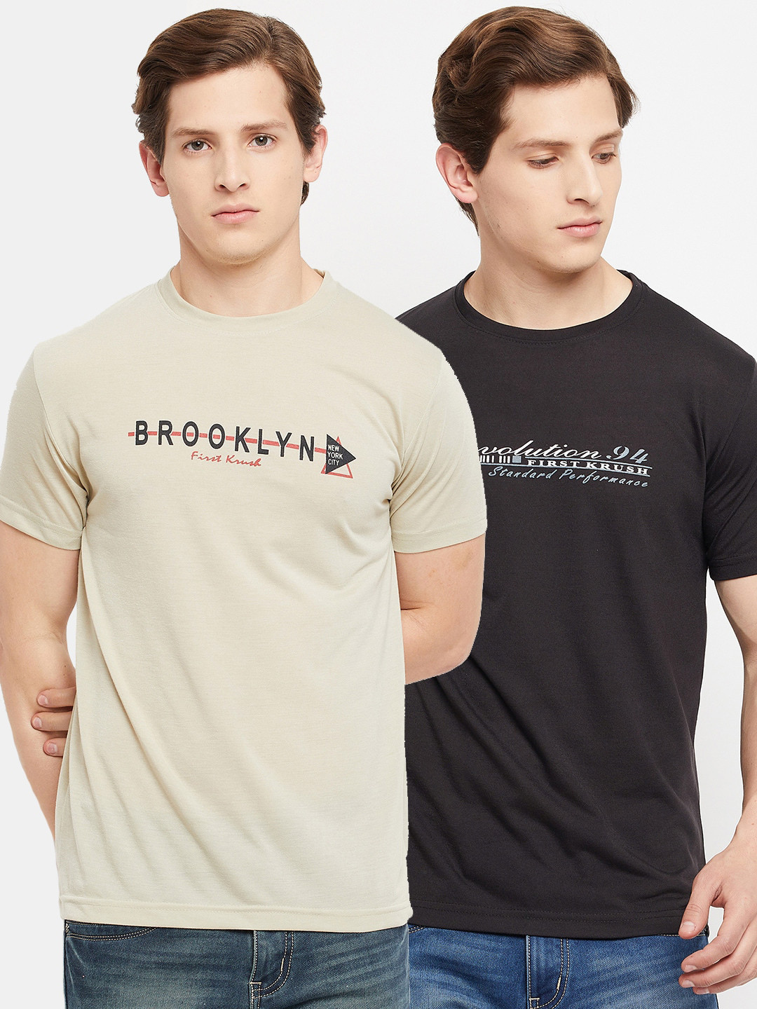 

FirstKrush Men Beige & Black Typography 2 Printed T-shirt
