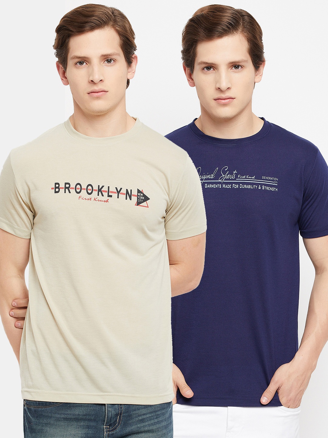 

FirstKrush Men Beige & Navy Blue Typography 2 Printed T-shirt