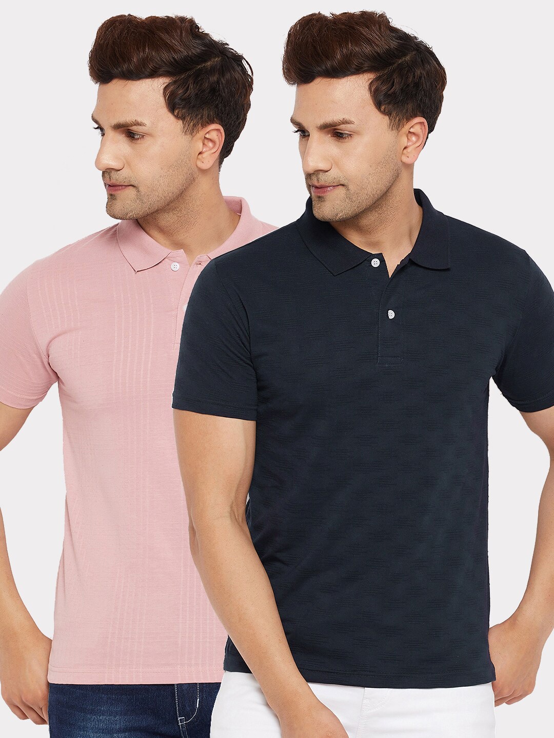 

FirstKrush Men Navy Blue & Pink 2 Polo Collar T-shirt