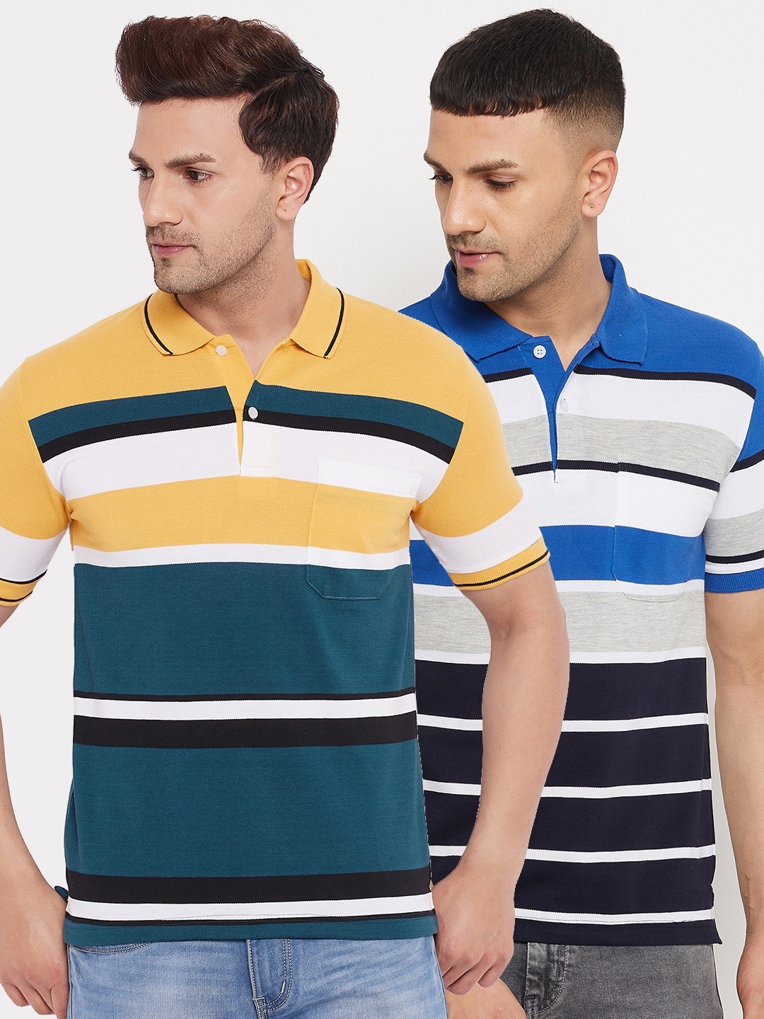 

FirstKrush Men Mustard Yellow & Blue 2 Striped Polo Collar T-shirt