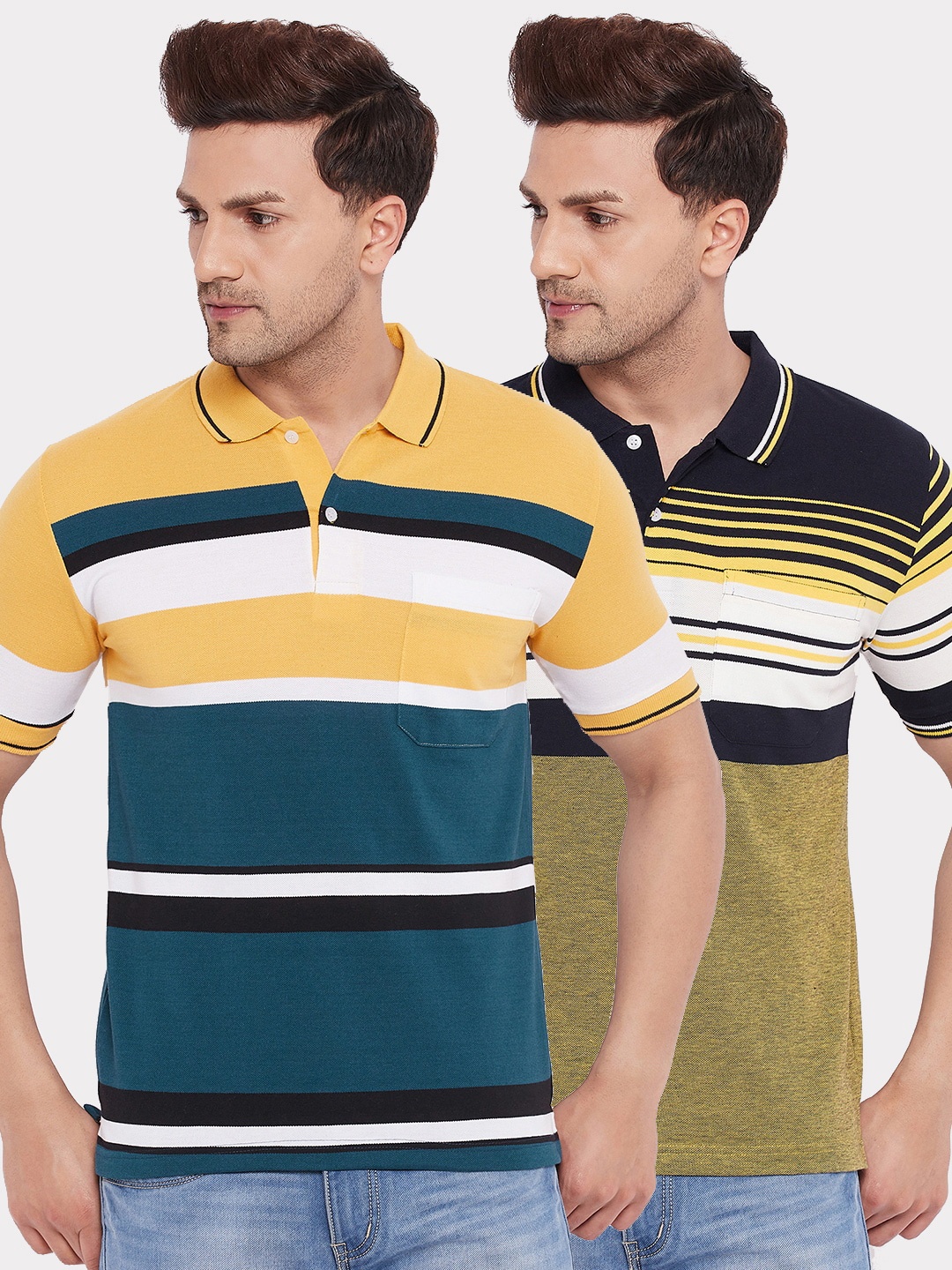 

FirstKrush Men Mustard & Yellow 2 Striped Polo Collar T-shirt