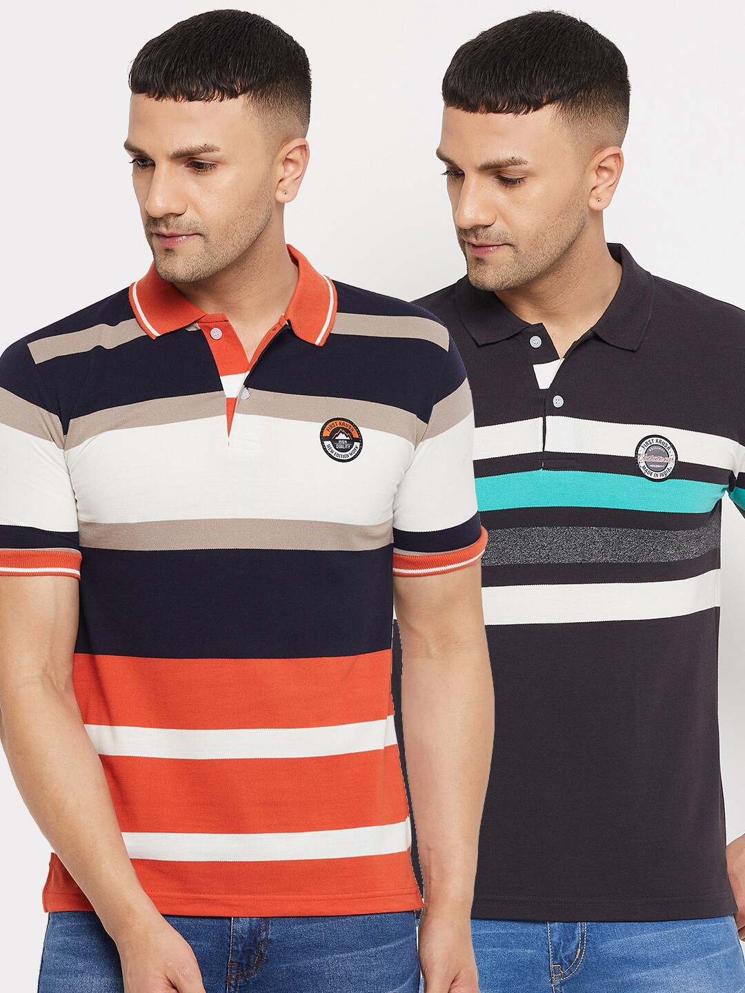 

FirstKrush Men Orange & Black 2 Pack Striped Polo Collar Applique T-shirt