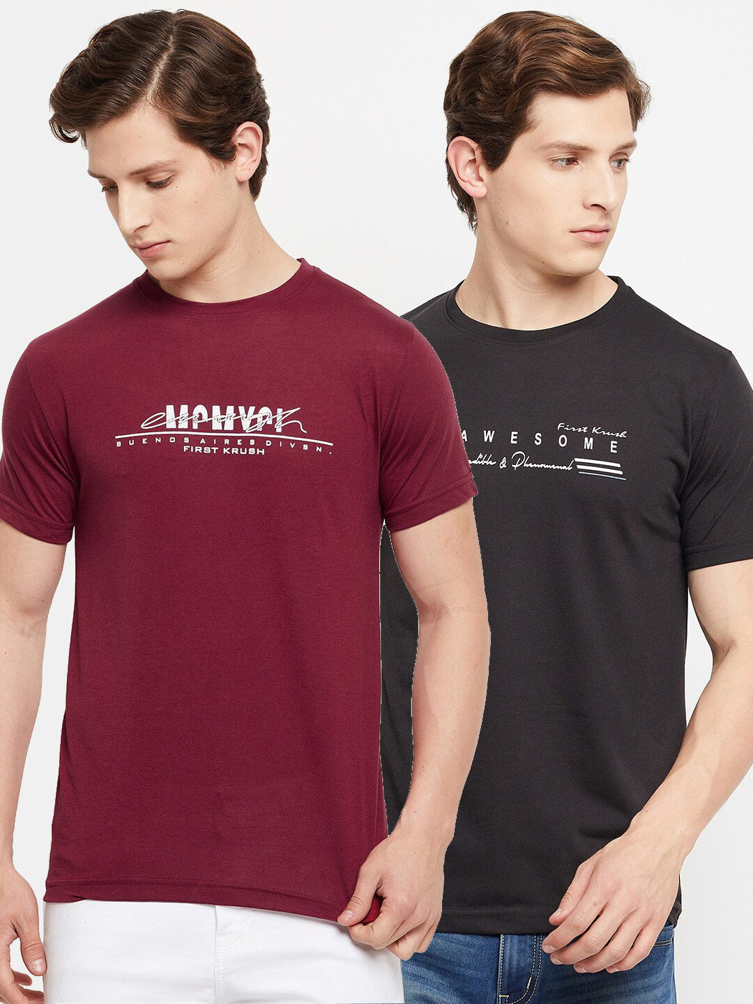 

FirstKrush Men Set Of 2 Maroon & Black Typography Printed T-shirt