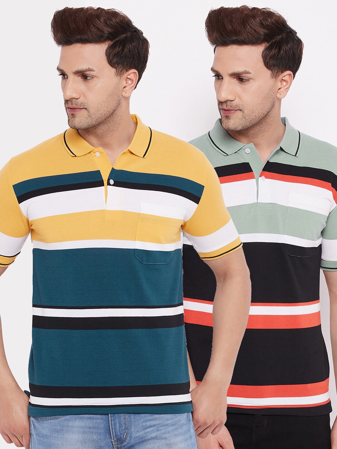 

FirstKrush Men Mustard Yellow & Green 2 Striped Polo Collar T-shirt