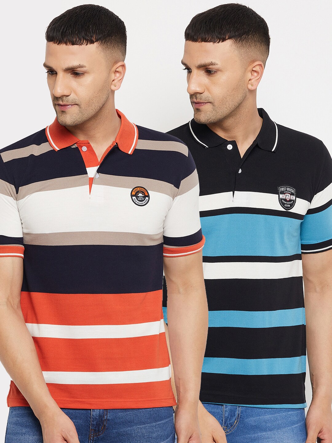 

FirstKrush Men Navy Blue & Orange 2 Striped Polo Collar T-shirt
