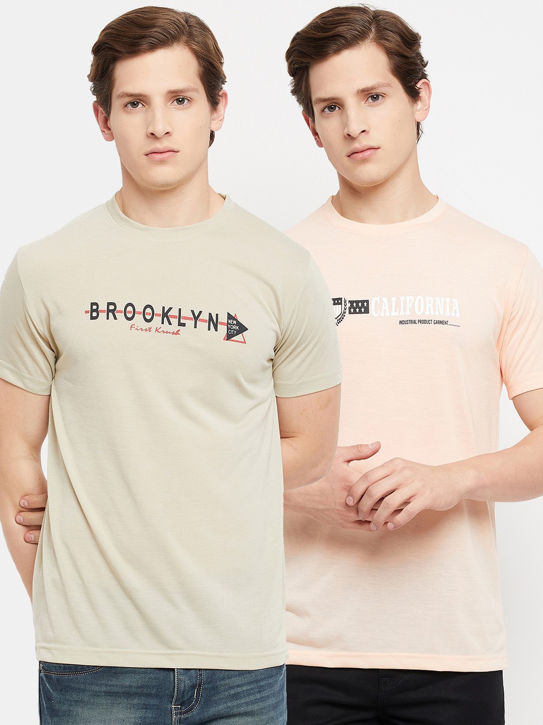 

FirstKrush Men Beige & Peach-Coloured Typography 2 Printed T-shirt