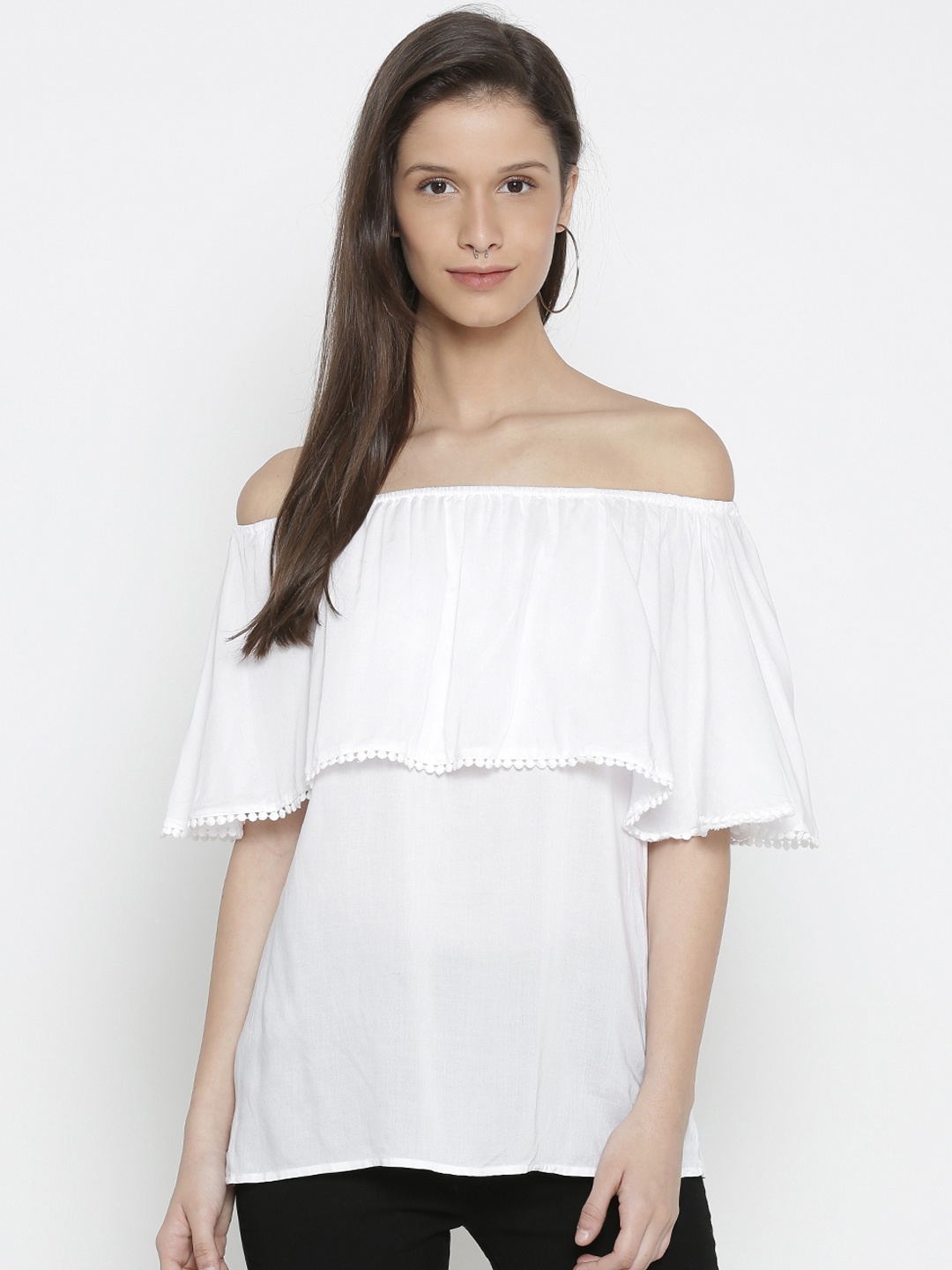 

AND Women White Solid Bardot Top