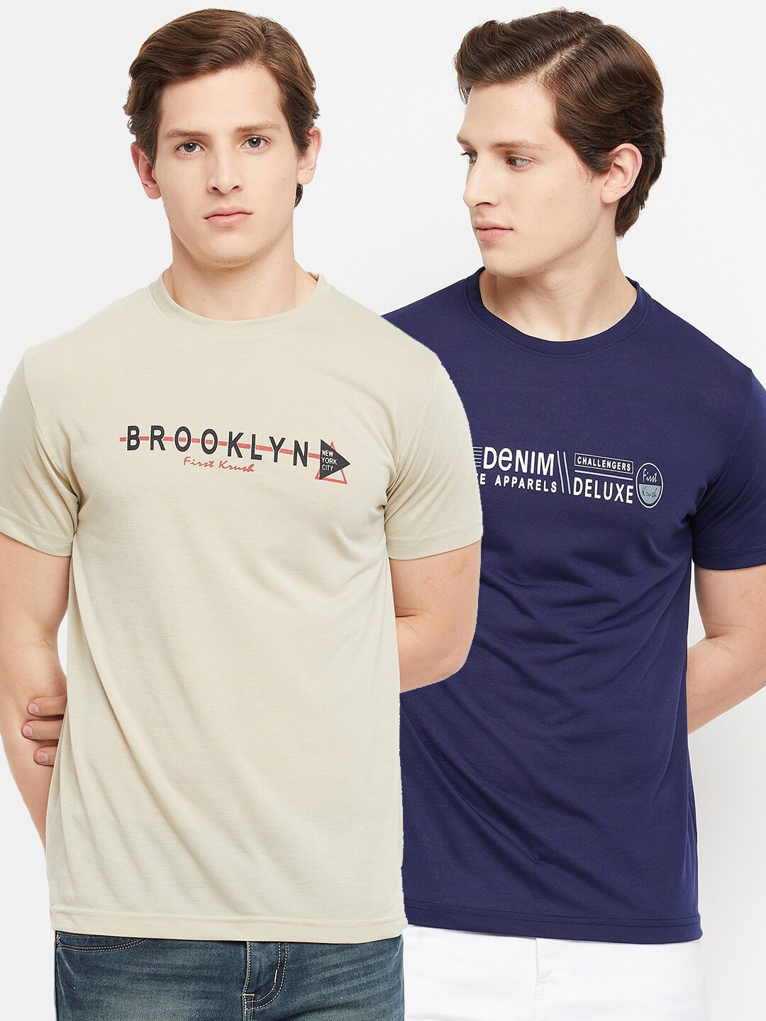 

FirstKrush Men Beige & Navy Blue Typography 2 Printed T-shirt