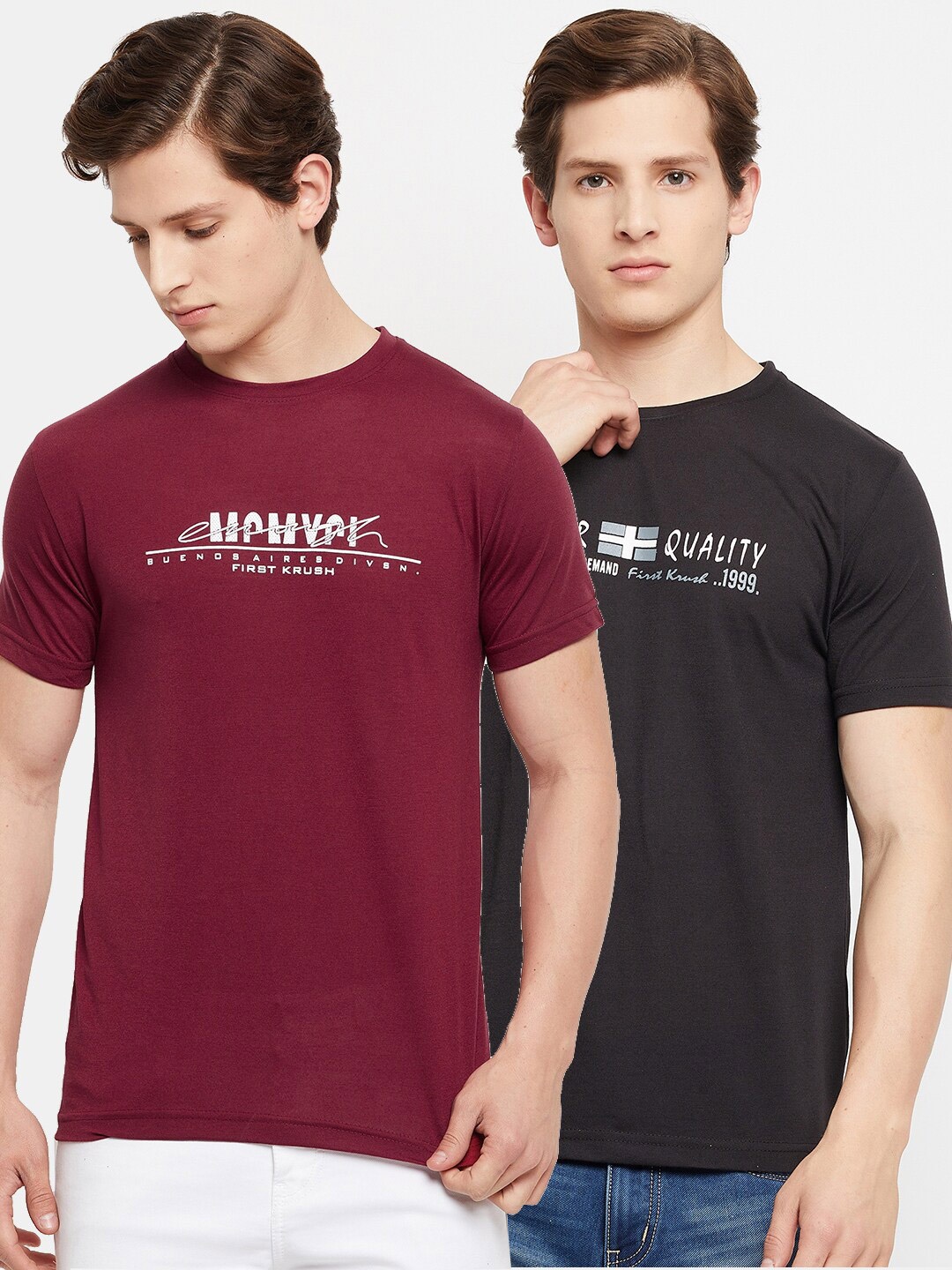 

FirstKrush Men Set Of 2 Maroon & Black Typography Printed T-shirt