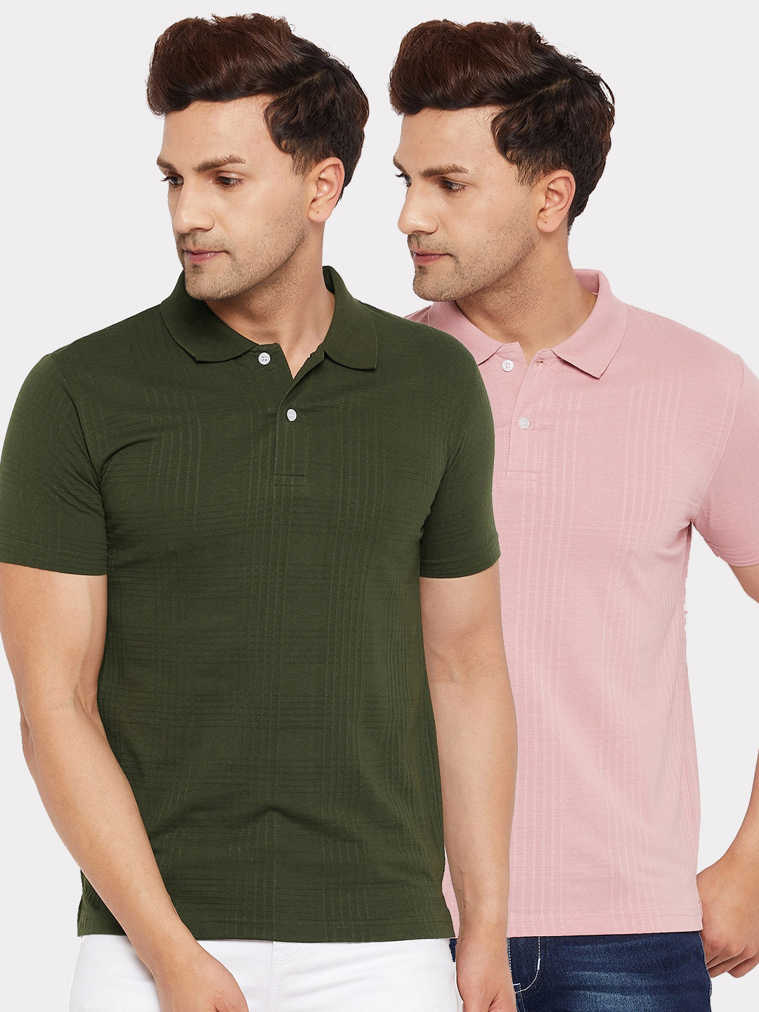 

FirstKrush Men Pink & Olive Green 2 Polo Collar T-shirt