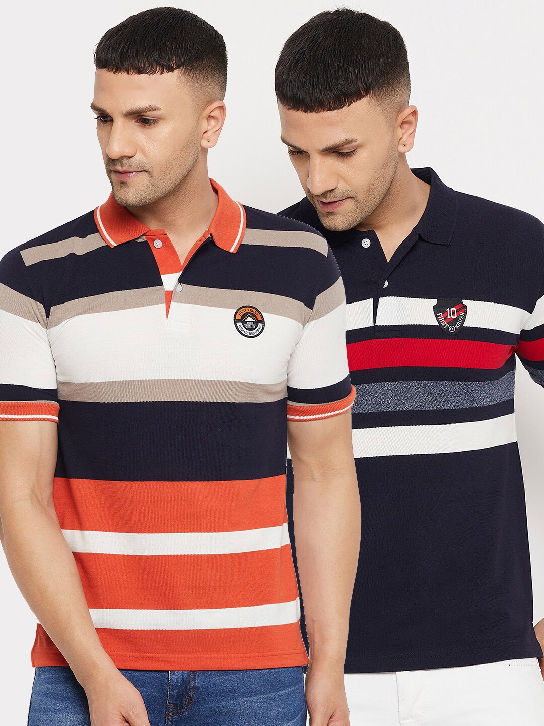 

FirstKrush Men Set Of 2 Navy Blue & Orange Striped Polo Collar Applique T-shirt