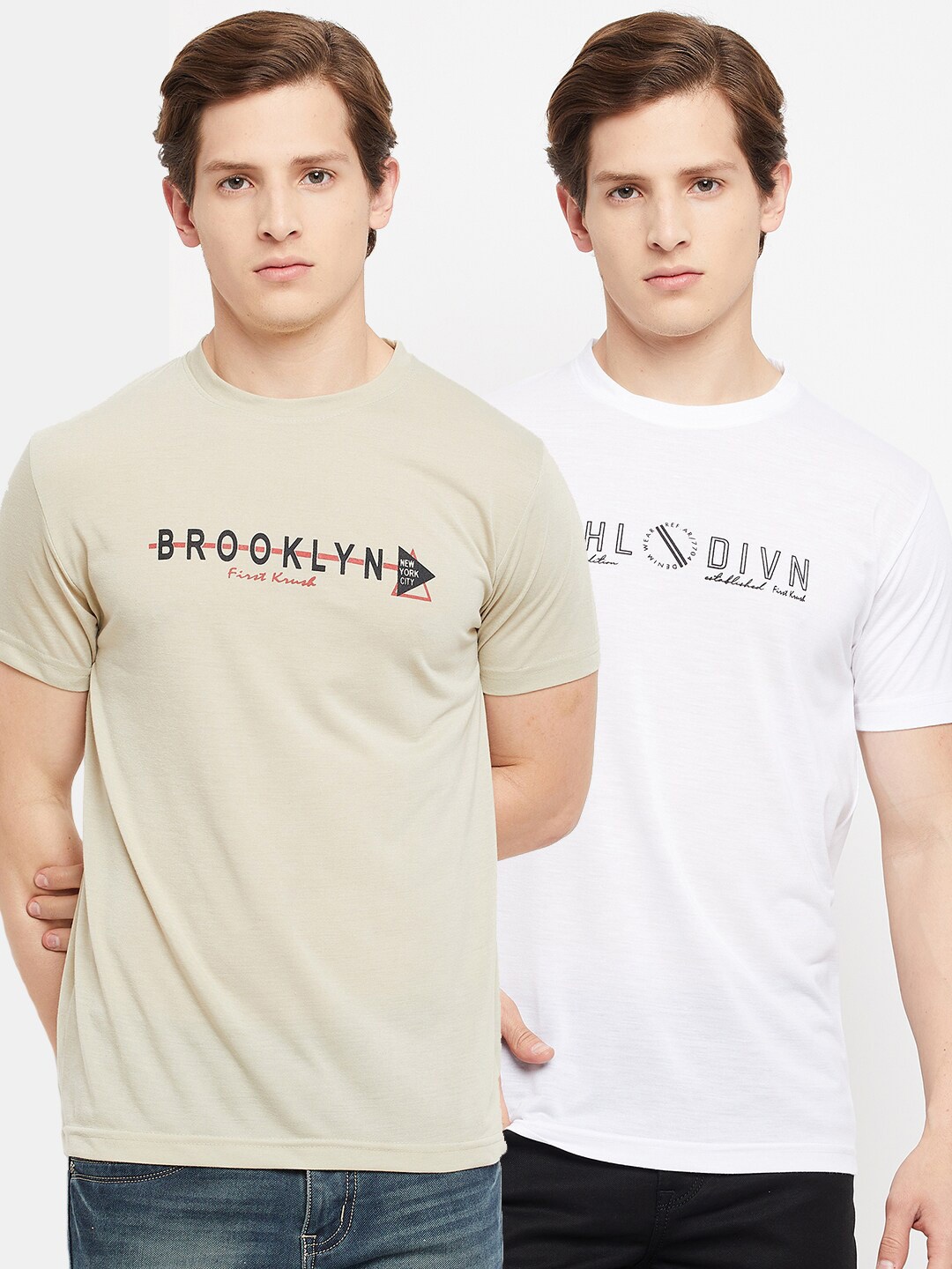 

FirstKrush Men Beige & White Typography 2 Printed T-shirt