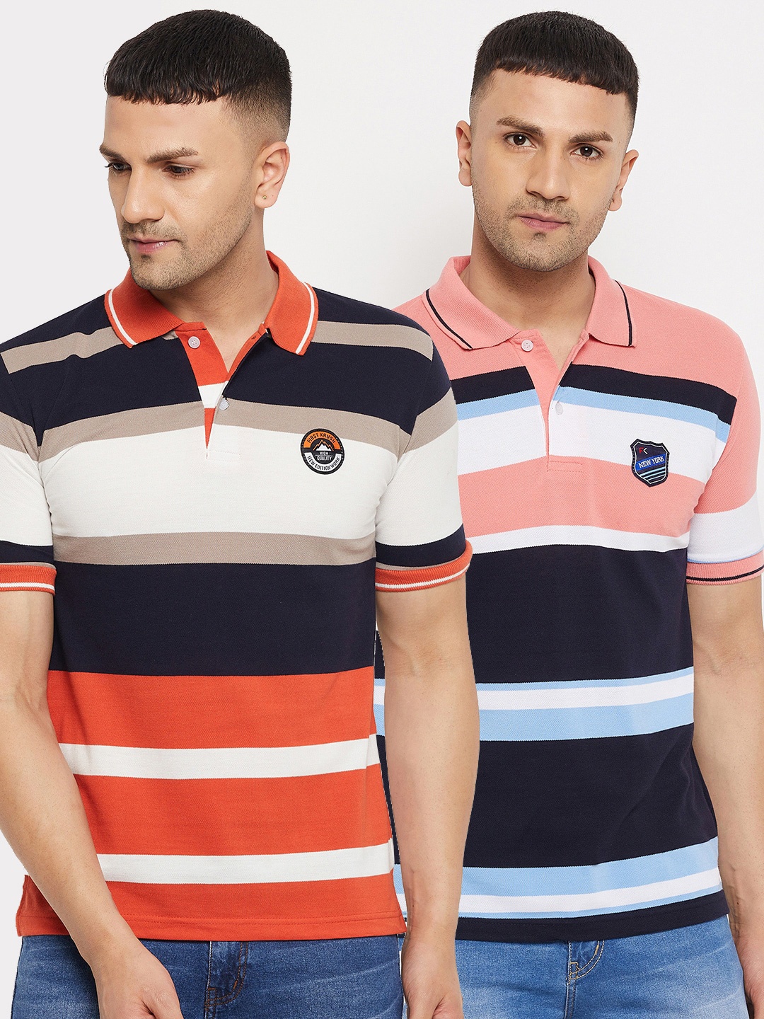 

FirstKrush Men Set Of 2 Navy Blue & Orange Striped Polo Collar T-shirt