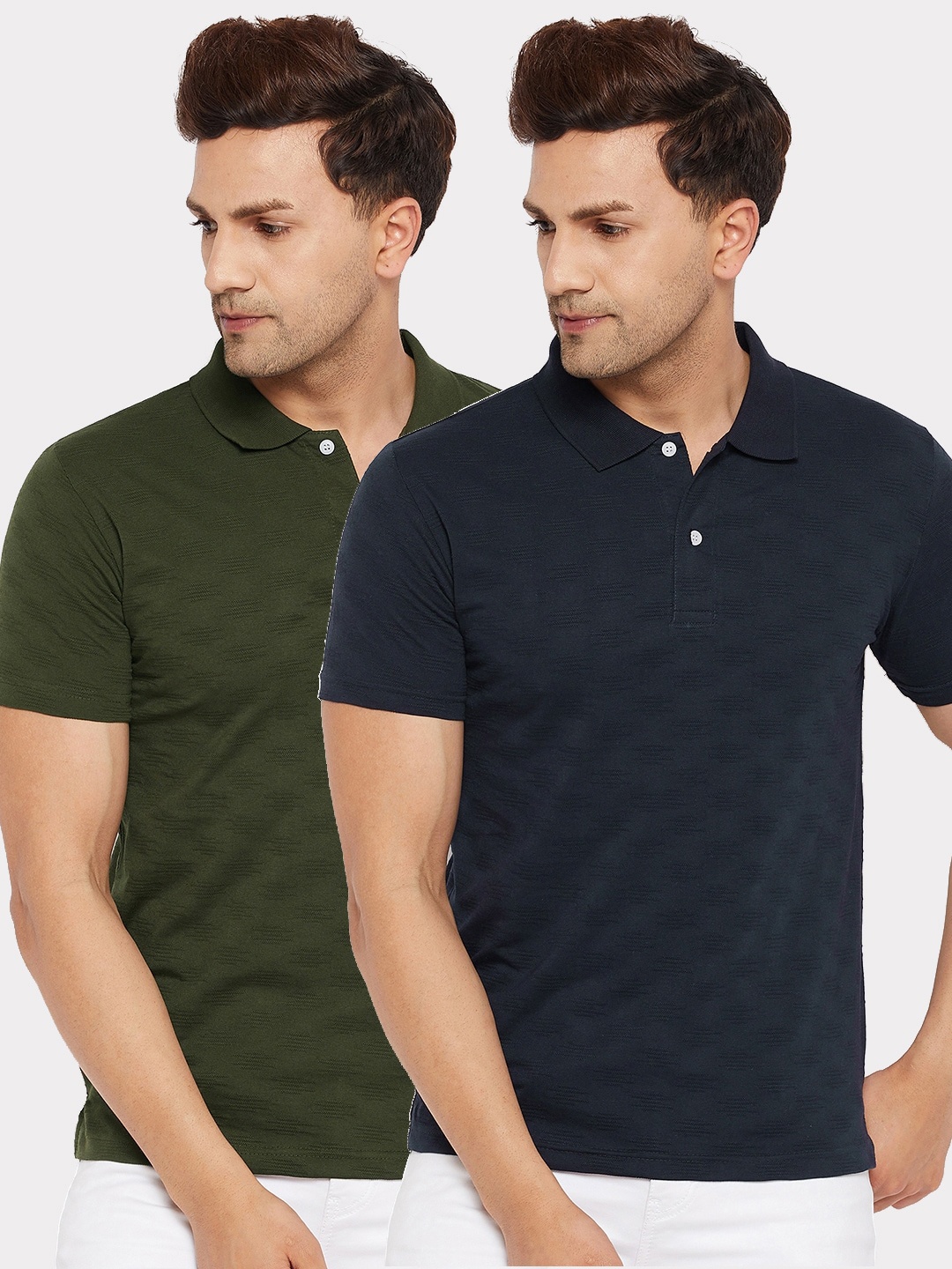 

FirstKrush Men Set Of 2 Navy Blue & Olive Green Polo Collar T-shirt