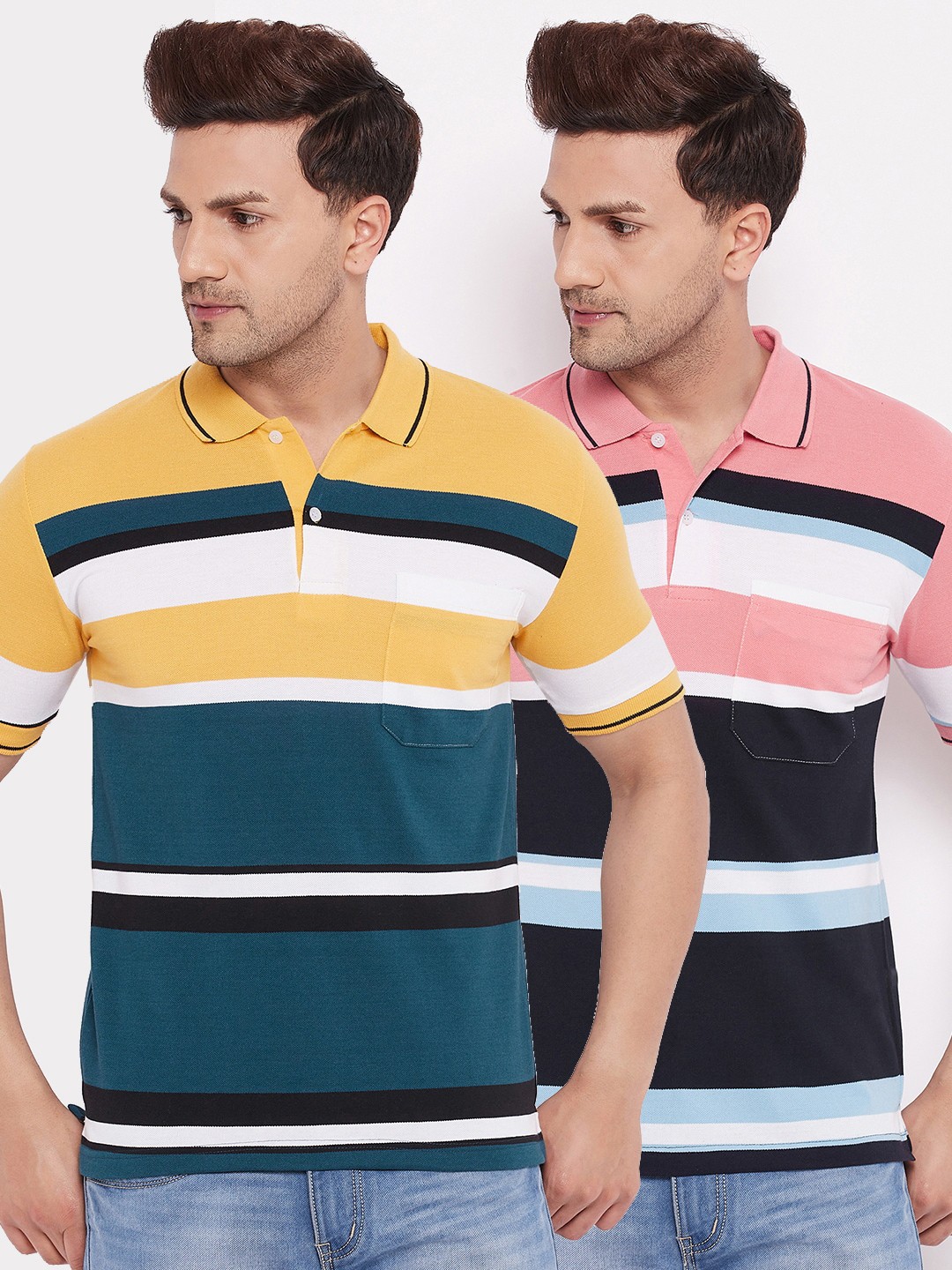 

FirstKrush Men Yellow & Pink 2 Striped Polo Collar T-shirt