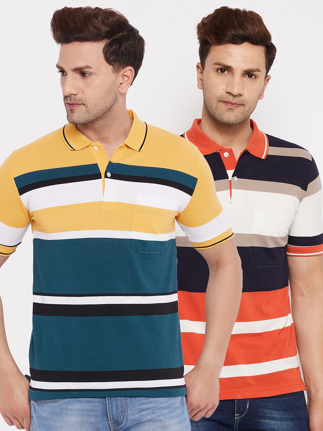 

FirstKrush Men Mustard Yellow & Orange 2 Striped Polo Collar T-shirt