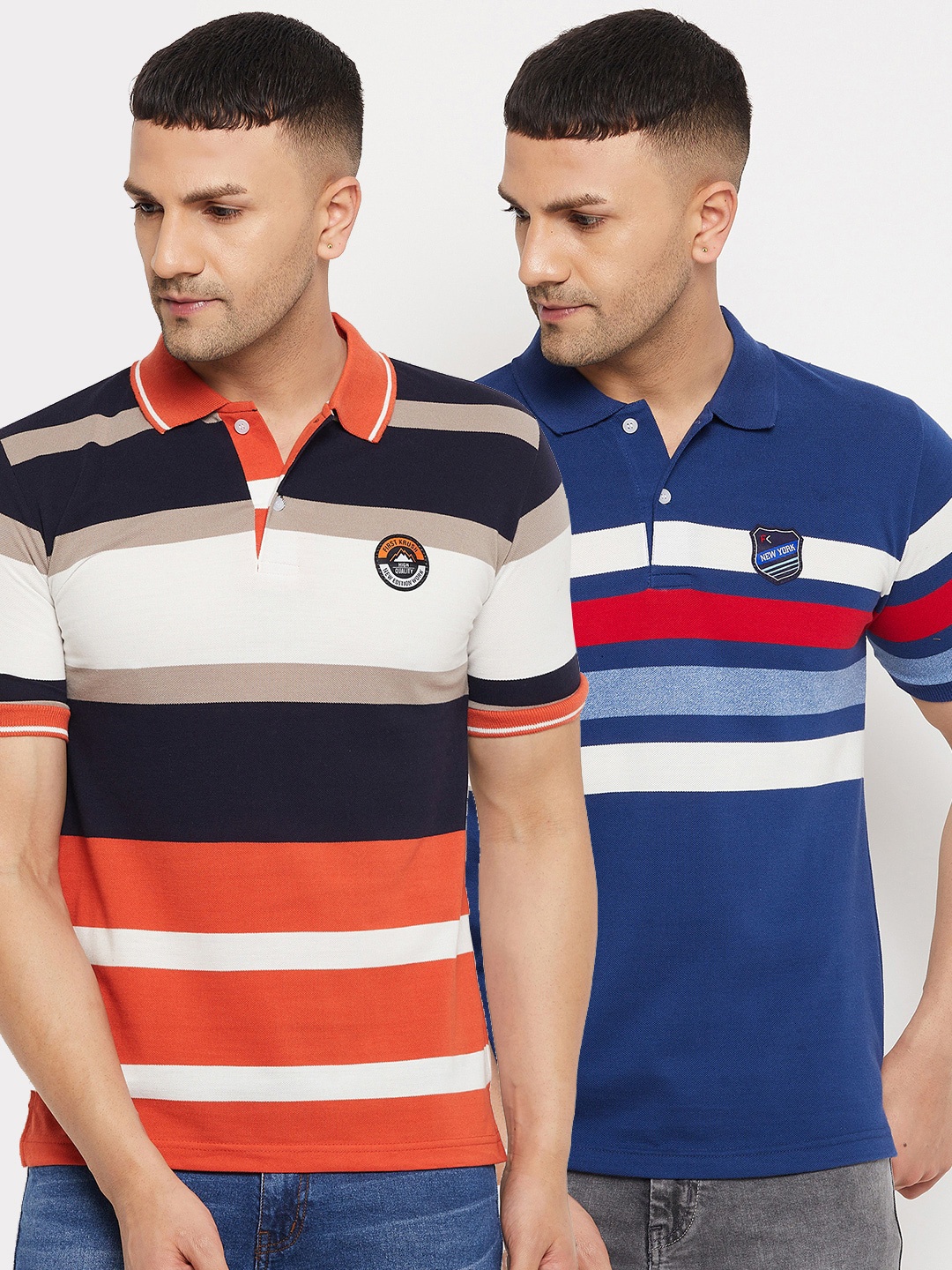 

FirstKrush Men Navy Blue & Rust 2 Striped Polo Collar T-shirt