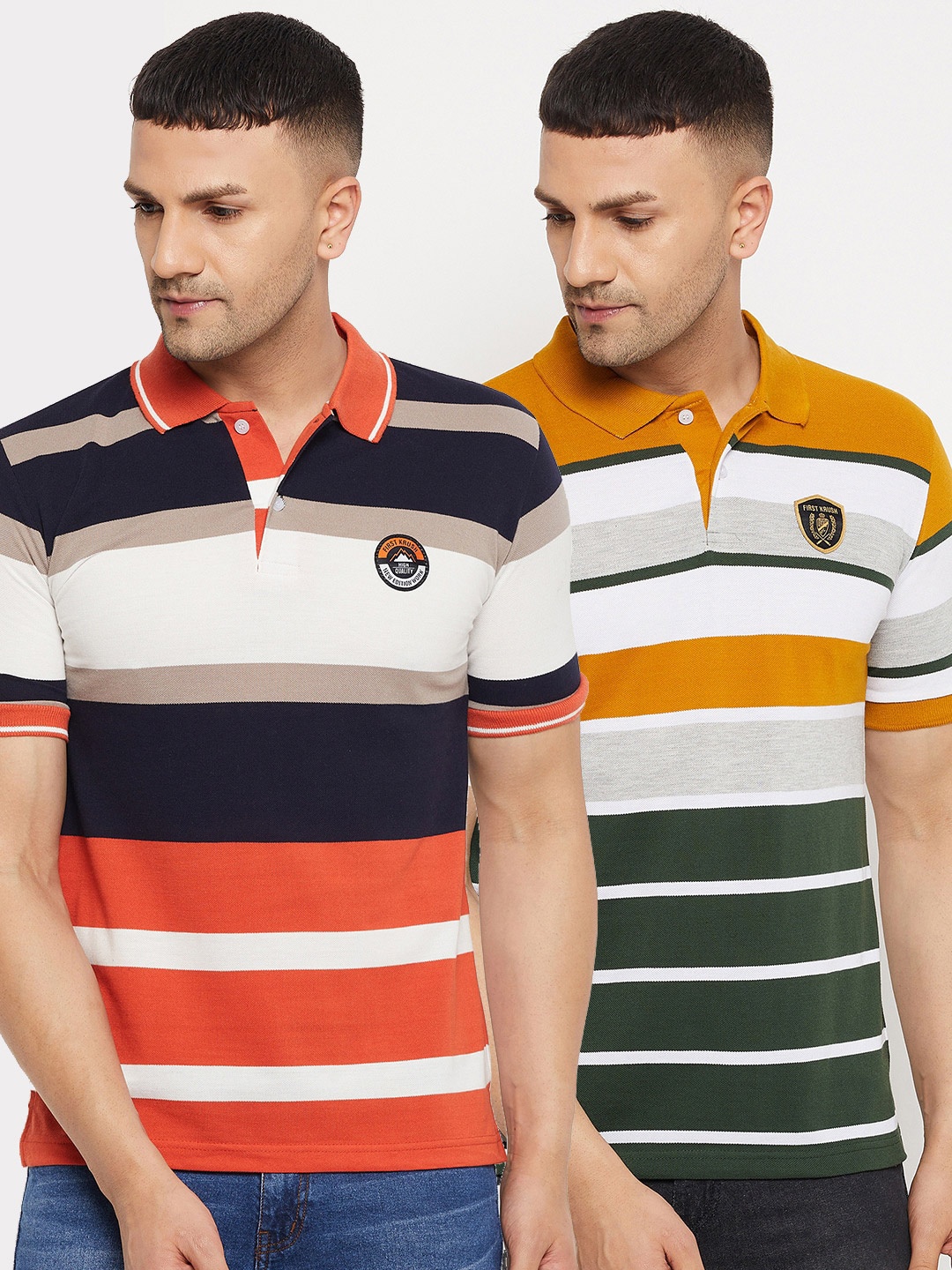 

FirstKrush Men Navy Blue & Olive Green 2 Striped Polo Collar Applique T-shirt