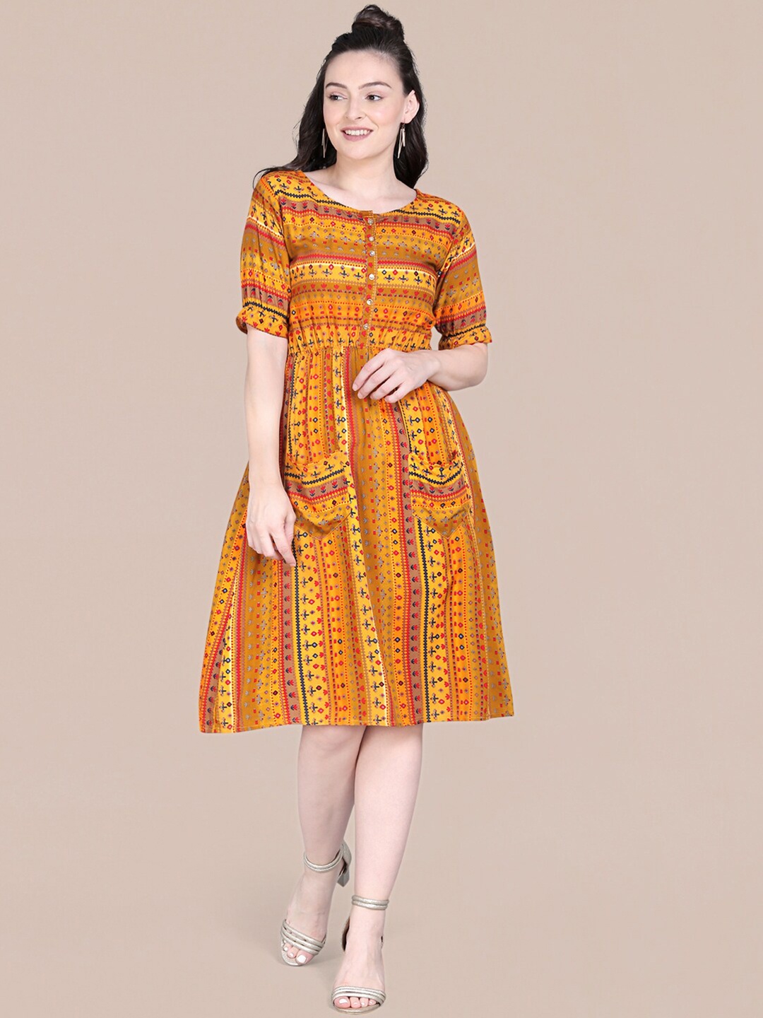 

J Turritopsis Orange Ethnic Motifs A-Line Dress