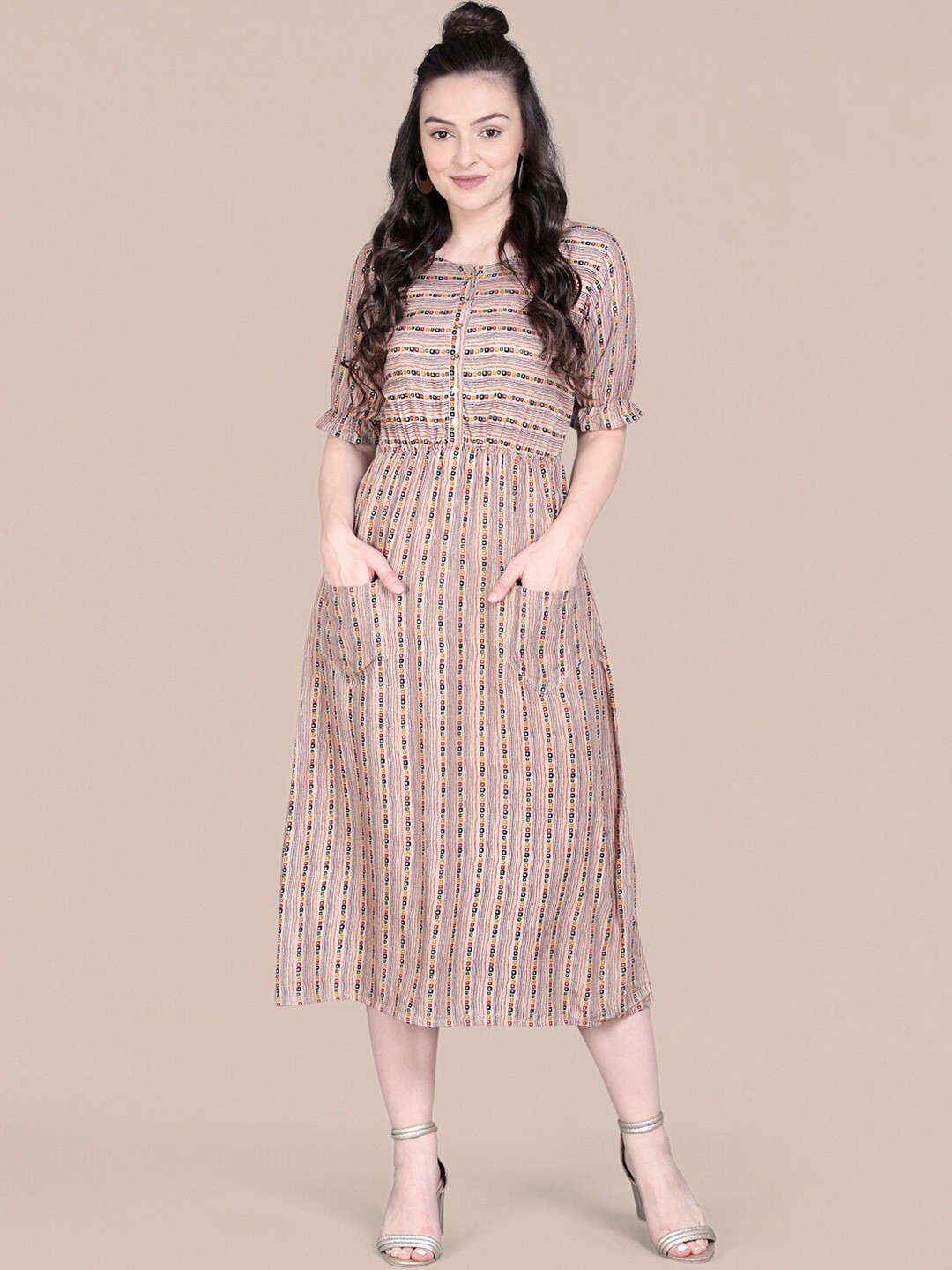 

J Turritopsis Beige Ethnic Motifs A-Line Midi Dress