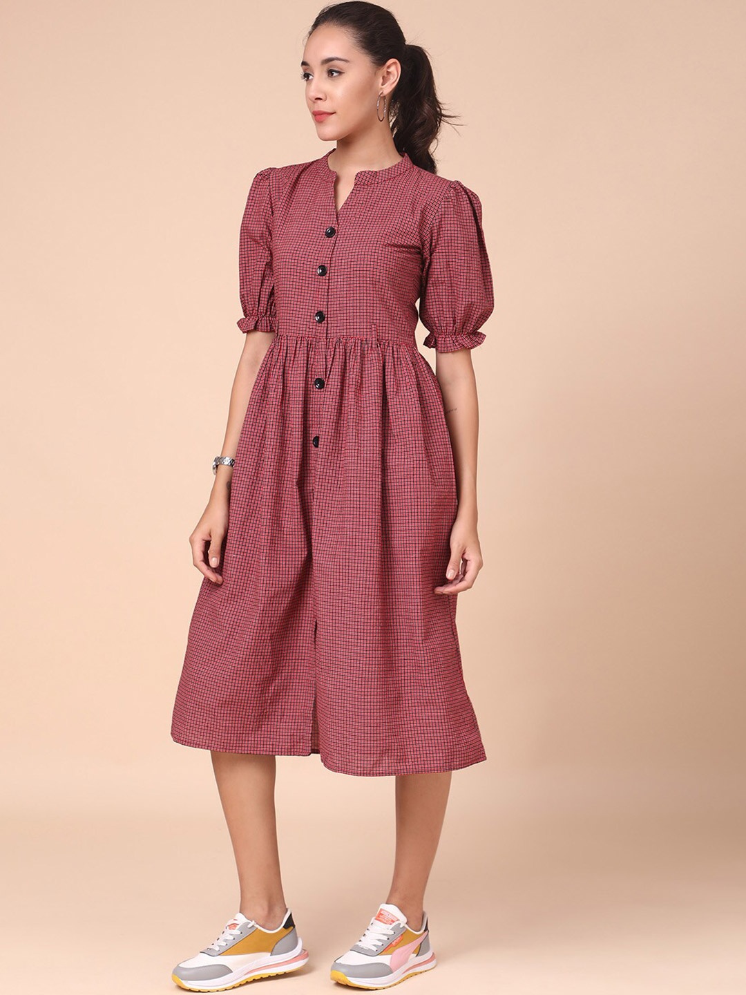 

J Turritopsis Red & Black Checked Midi Dress