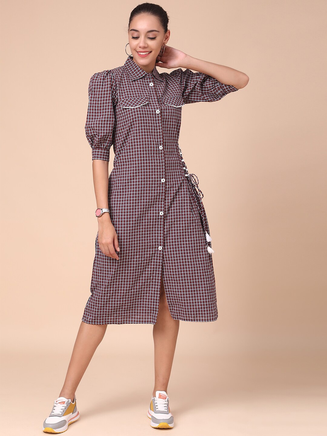 

J Turritopsis Brown Checked Shirt Midi Dress