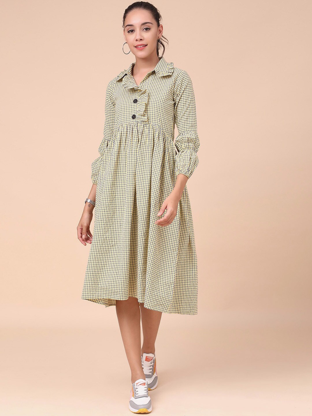

J Turritopsis Women Yellow checked Shirt Buttoned Front Knee Length Midi Dress