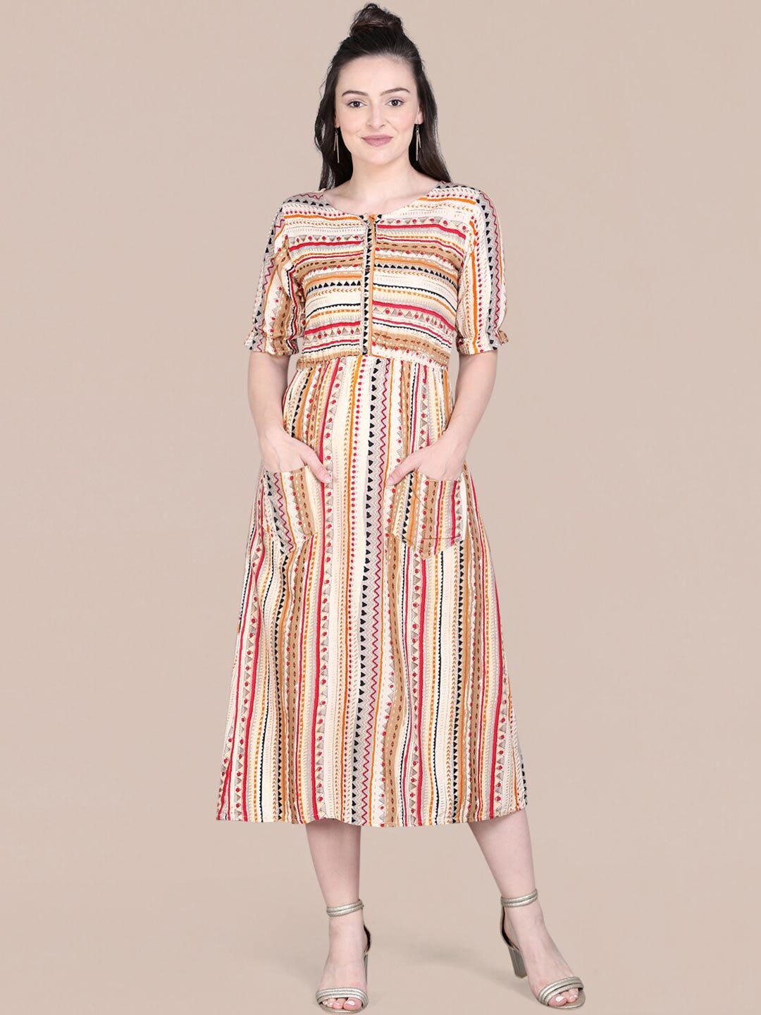 

J Turritopsis Multicoloured A-Line Midi Calf Length Dress, Multi