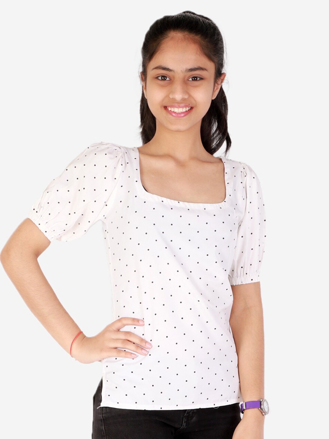 

Chipbeys White Polka Dot Print Crepe Top