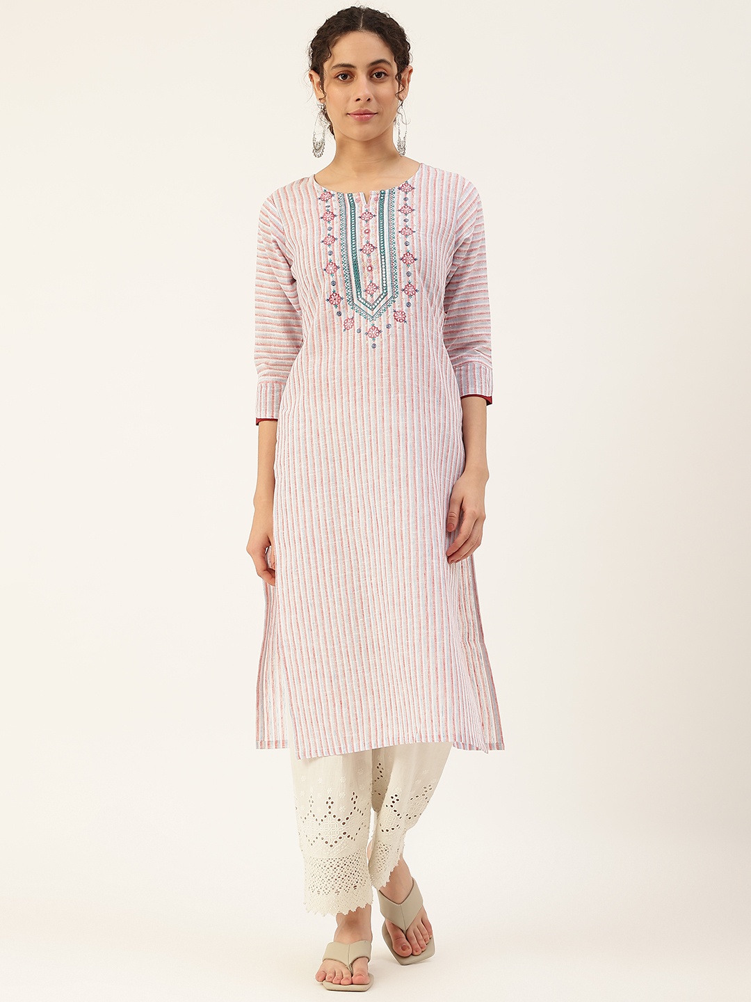 

VAABA Women Off White & Red Striped Embroidered Mirror Work Kurta